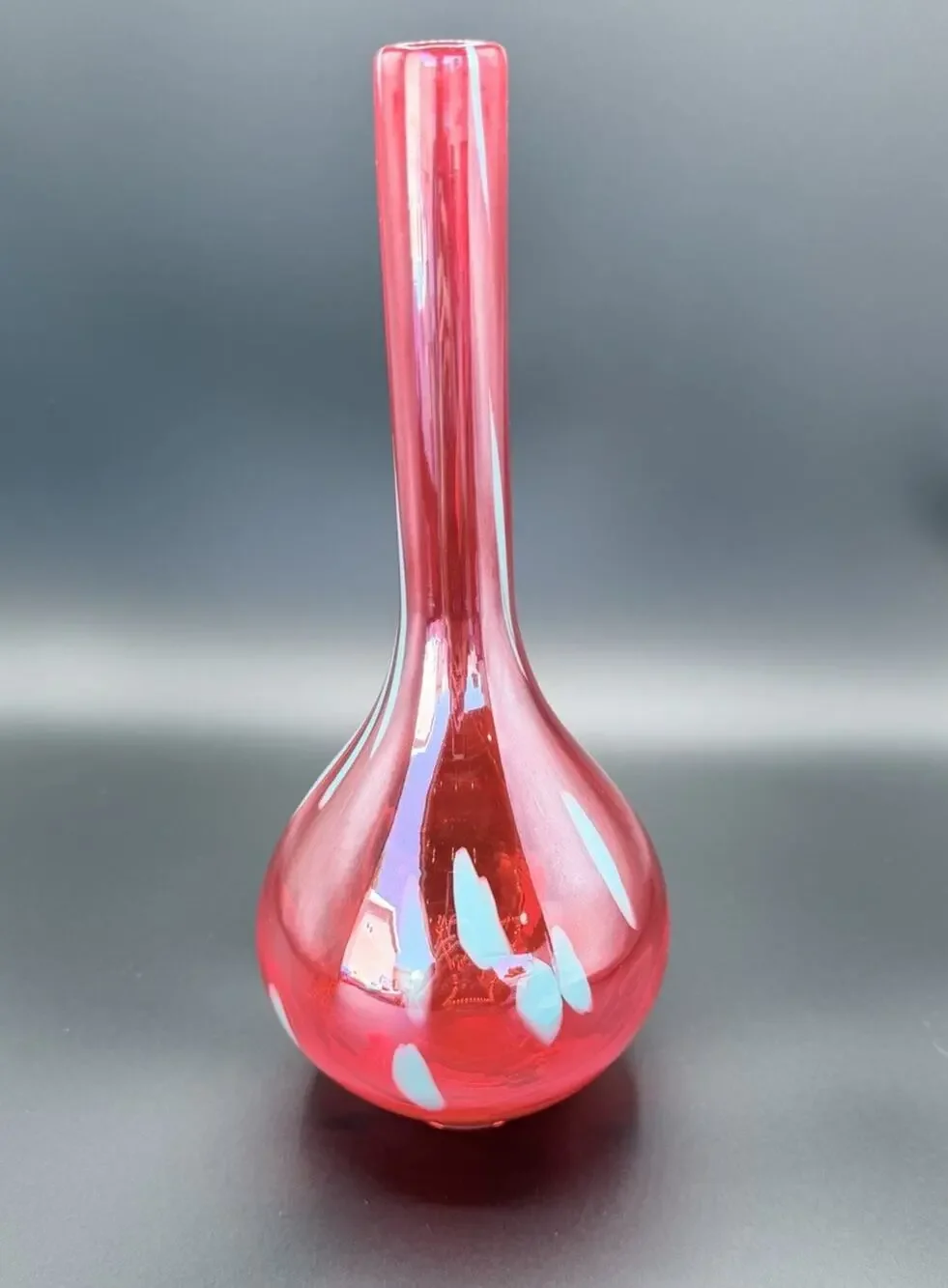 Vintage Red Swung Glass Bud Vase Applied Blue Dots MCM Art Glass 12”